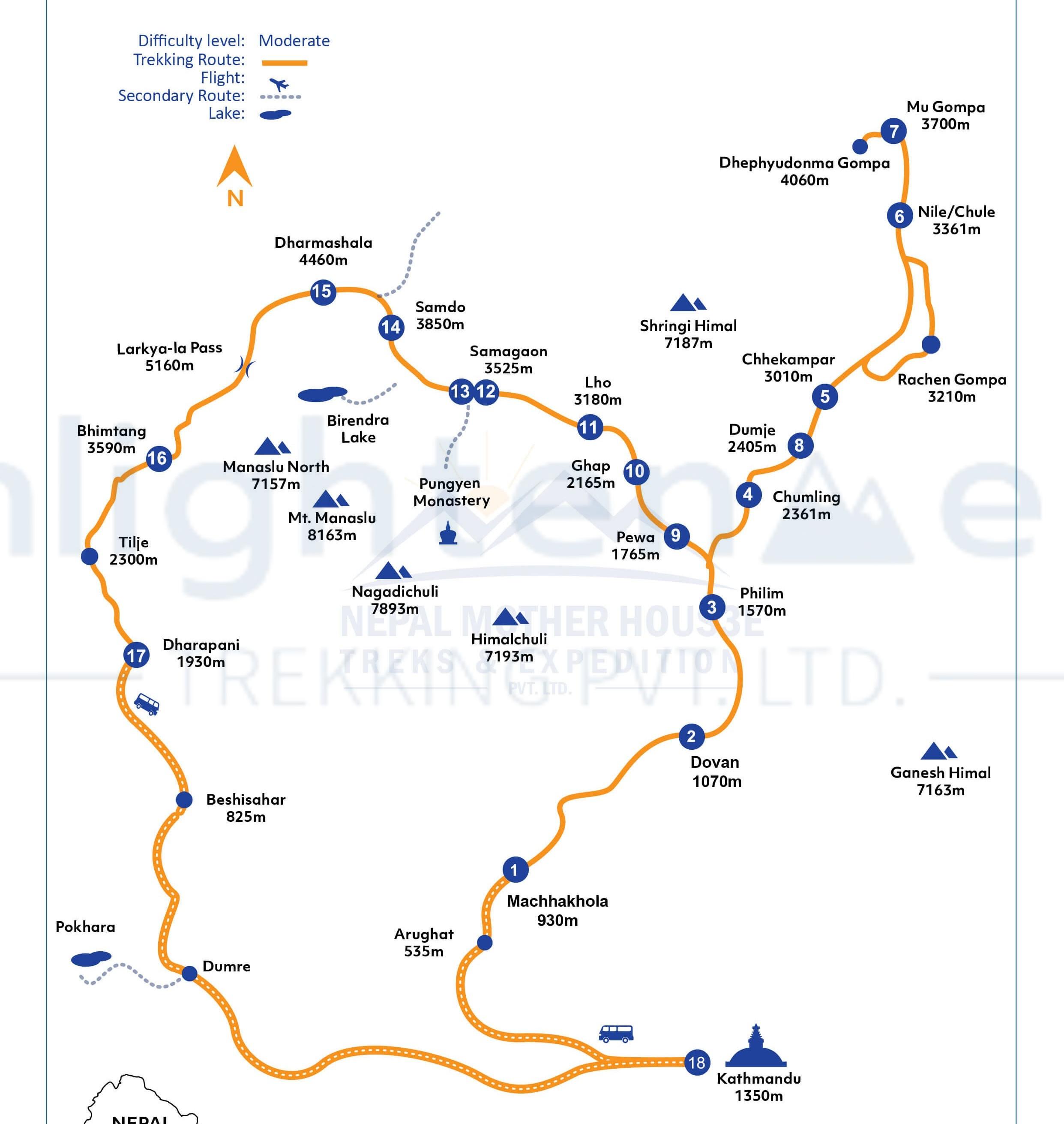 Manaslu Circuit Tsum Valley Trek route map